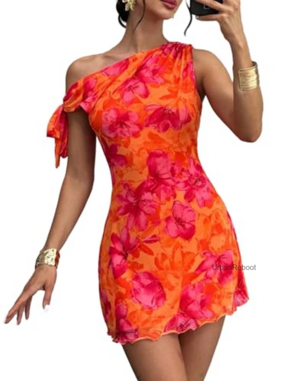 Women's One Shoulder Floral Mini Dress Bodycon Self Tie Summer Party Dress
